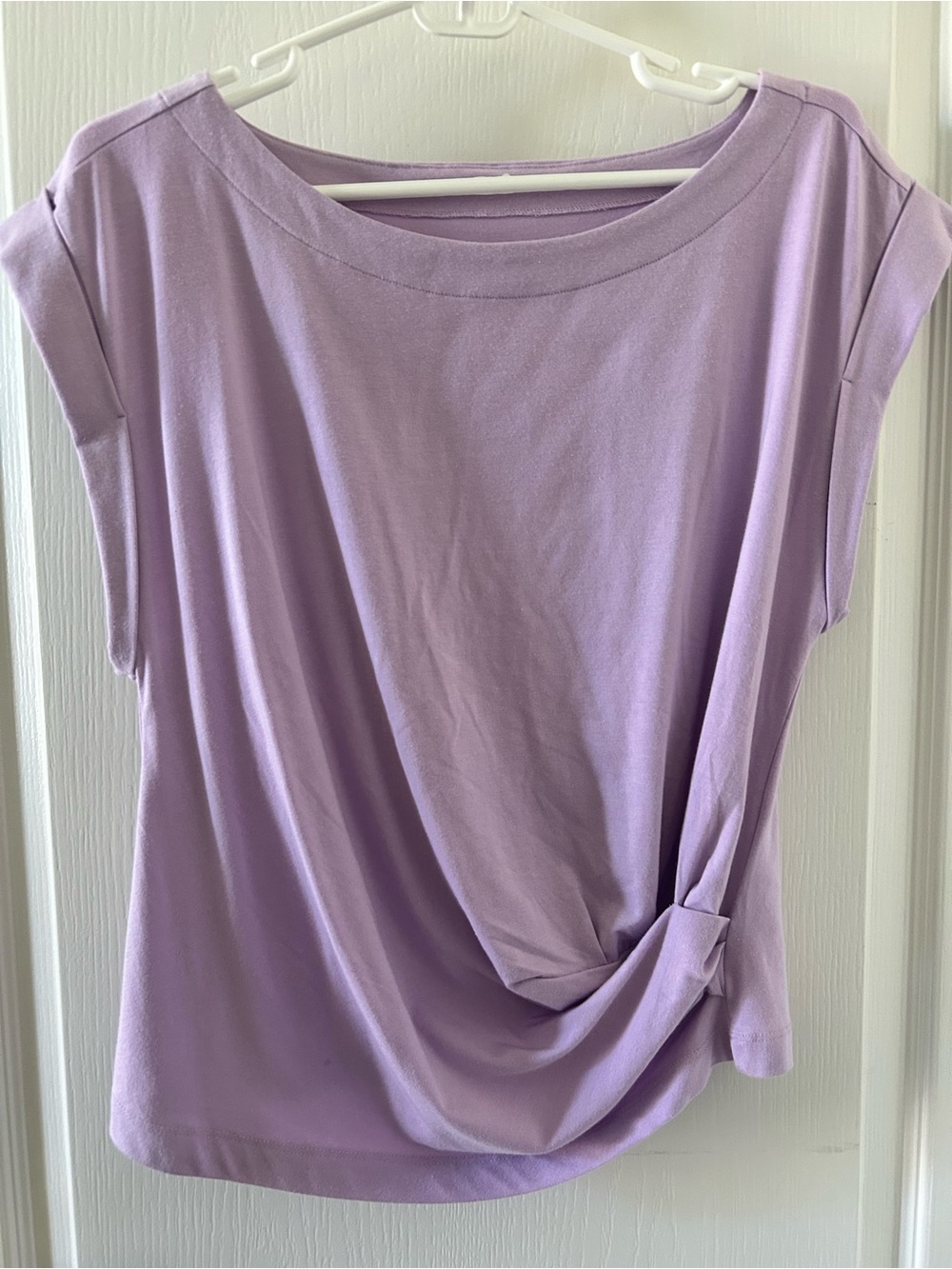 Anthropologie Lavender Ruched Short Sleeve Top Pastel Purple Slimming Size M NWT
